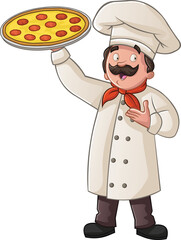 Fat cartoon chef holding pizza
