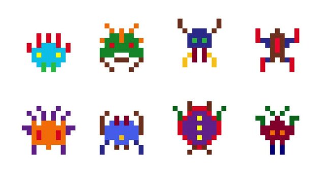 colorful pixel monster animation on white background