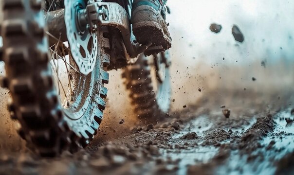 The rear wheel of a motocross bike kicks up dirt as it races across the muddy track.