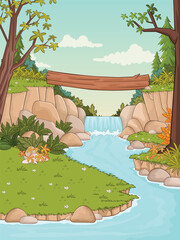 Cartoon forest with river and waterfall. 