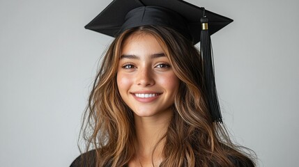 graduate in cap and gown on solid background 