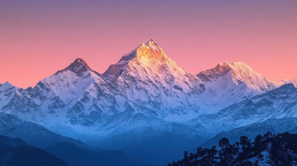 The setting sun's rays fall on the peak of the distant snow-capped mountain, creating a sharp contrast between the golden snow-capped peak and the shadowed slopes below.