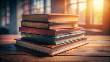 Vintage Stack of Colorful Books on Table, Window Light, Selective Focus