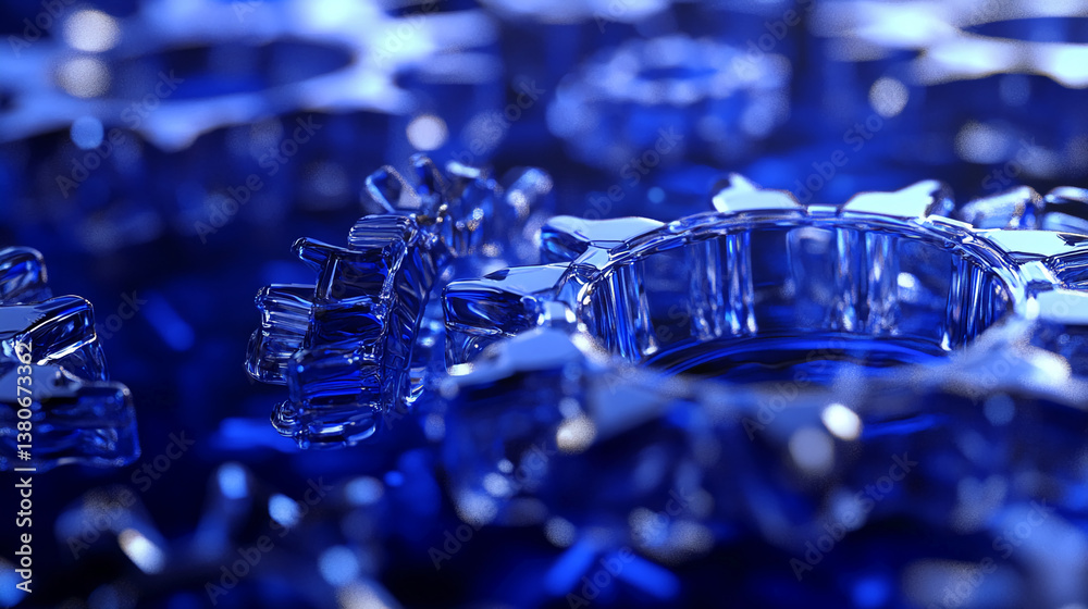 Poster close-up of interlocked blue gears, showcasing a smooth, reflective surface, symbolizing precision, 