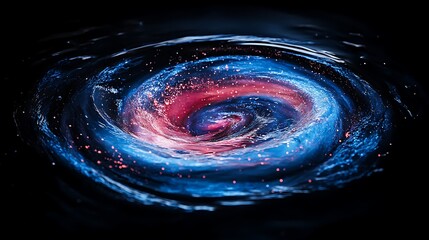 Glowing acrylic blue and red pigments swirling in water forming a deep cosmic effect against black
