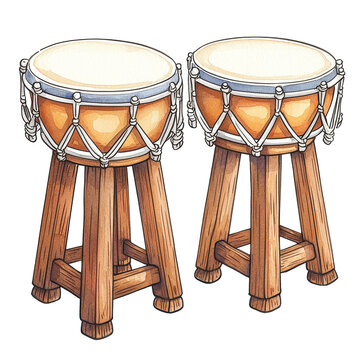 Vibrant watercolor illustration of a pair of tablo drums depicting latin bongos with rich cultural heritage and rhythm