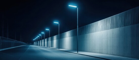 Obraz premium Night road, streetlights, concrete wall, fence background, urban scene