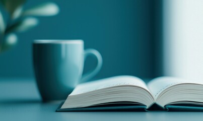 An open book and coffee cup on a desk, creating a peaceful reading and study atmosphere.