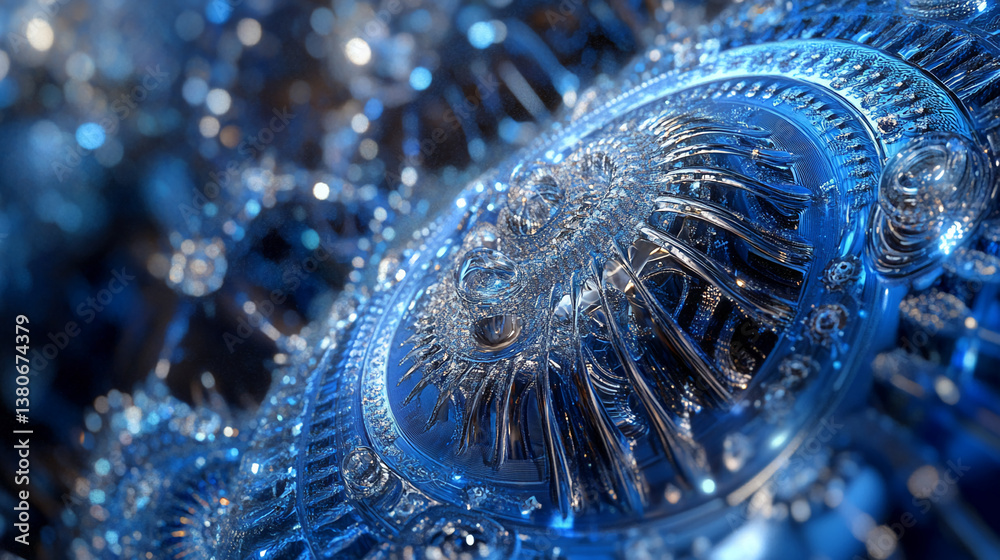 Poster close-up of blue, metallic texture with intricate details, showcasing a complex, ornate design symbo