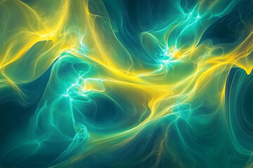 Fototapeta premium An abstract fluid patterns artwork with swirling neon yellow and teal energy streams creating a mesmerizing cosmic nebula effect in a futuristic design