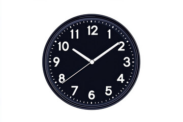 Elegant black wall clock displaying time in minimalist design on white background. isolated on white background.