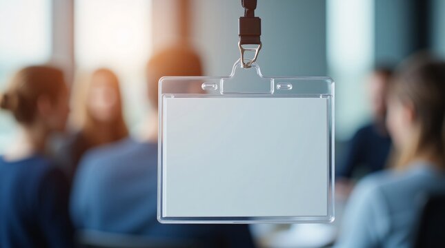 Empty Conference Identification Badge Hanging Awaiting Participant Details In Blurred Office Background