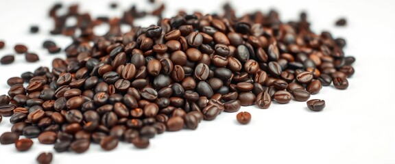 Fototapeta premium A rich mound of dark roasted coffee beans on pristine white, detail, harvest, studio