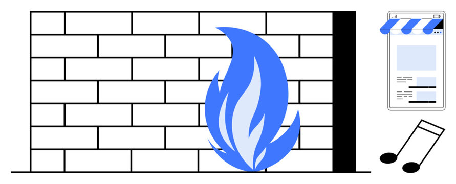 Firewall symbolized by a brick wall and blue flame, paired with a digital screen and music notes. Ideal for cybersecurity, protection, internet safety, VPN, firewalls, content control, data security