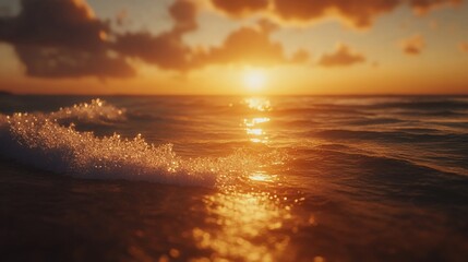 Obraz premium Golden Hour at Sea: Waves Catching the Light of the Setting Sun