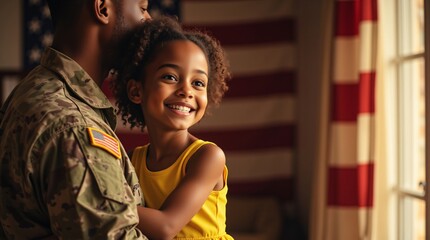 A heartwarming reunion, a soldiers tender embrace of his daughter, smiles reflecting immeasurable love and pride against a backdrop of patriotism.