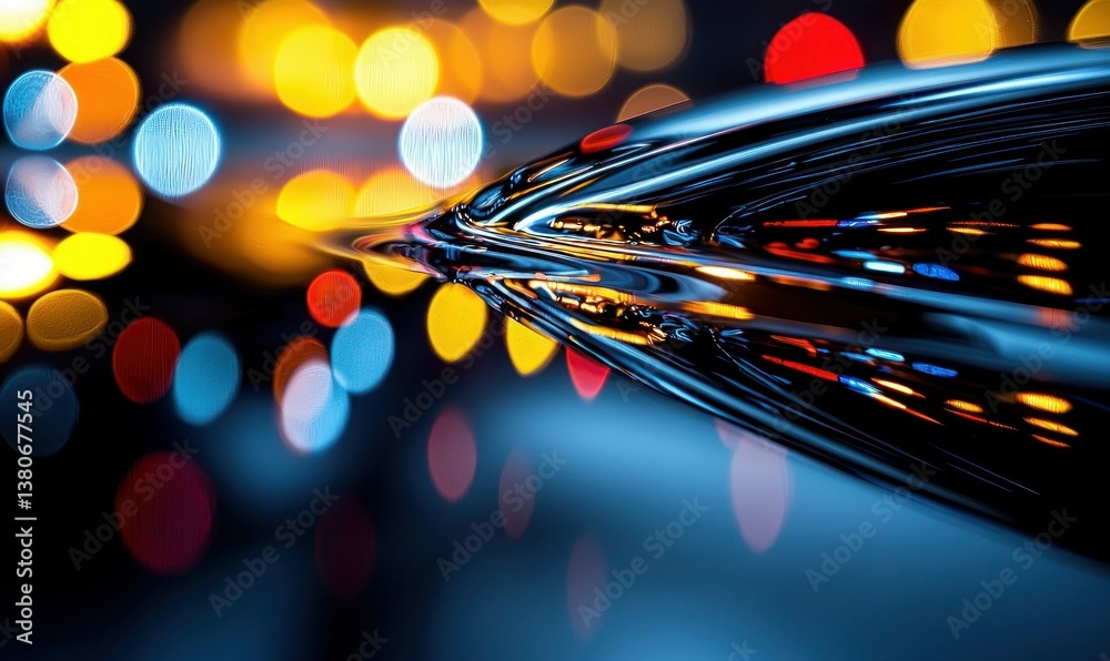 Poster a dynamic composition showcasing a reflective metallic form with colorful bokeh lights and blur effe