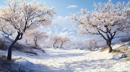 Winter wonderland cherry blossom trees under snow scenic landscape peaceful view