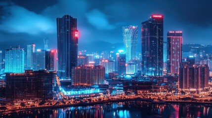 Fototapeta premium Vibrant Night City Skyline Reflecting on Water