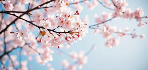 Soft-focus pastel cherry blossoms gently falling against a light blue sky, pastel, bloom