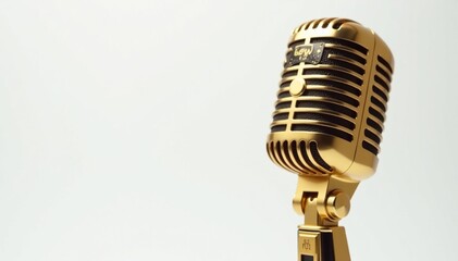 Fototapeta premium Close-up of a gold microphone on white background, recording, golden, closeup