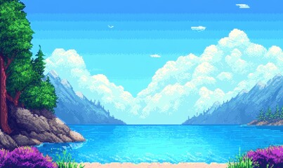 A serene landscape featuring a tranquil lake surrounded by majestic mountains and lush greenery, with fluffy clouds floating in a clear blue sky, ideal for relaxation and nature-themed projects