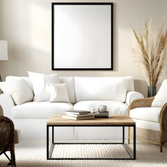 Fototapeta premium Stylish Living Room Interior with White Sofa and Wooden Coffee Table in a Minimalist Design