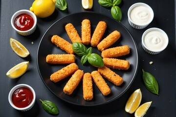 Crispy fried fish sticks arranged on a black plate with various dips and lemon slices. Overhead shot.