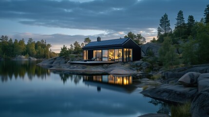 Fototapeta premium Modern house reflecting on a serene lake at twilight. The house is equipped with large solar panels covering the roof and parts of the facade