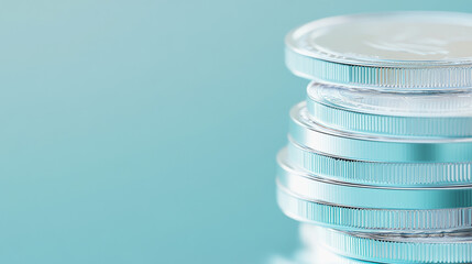 Close up of pile of silver  coins over soft background in blue tone with copy space for finance business and banking concept