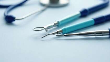 Close-up of veterinary instruments on a white surface, pet, tools