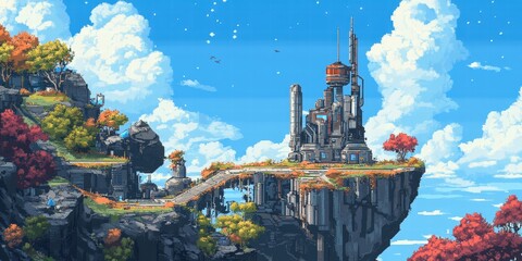A vibrant, pixel-art landscape showcasing a futuristic city on a cliff surrounded by colorful autumn trees, with a clear blue sky and fluffy clouds in the background