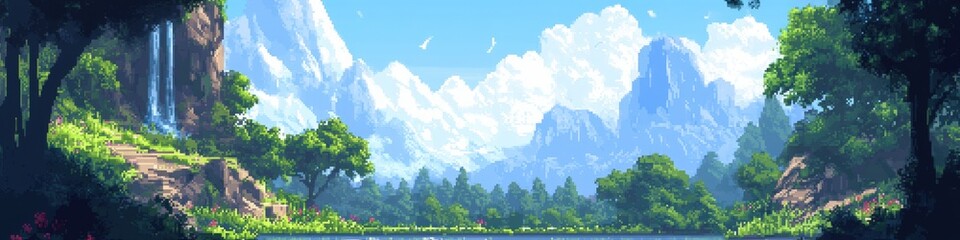 A serene landscape featuring a tranquil lake surrounded by lush greenery and majestic mountains under a clear blue sky, perfect for relaxation and nature appreciation