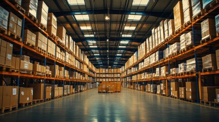 Full warehouse interior, organized boxes on shelves