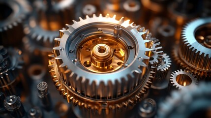 Gears interconnected, metallic, gold and silver hues, intricate details, machinery