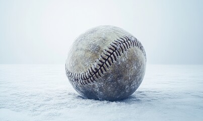Frozen baseball on snowy field in fog