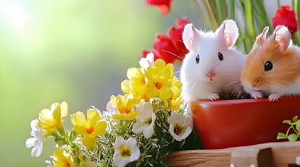 Two Adorable Hamsters and a Mouse Among Vibrant Flowers in a Lively Garden Setting