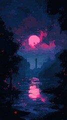 A serene twilight landscape featuring a vibrant pink moon reflecting on a tranquil river, surrounded by dark silhouettes of trees and distant structures, evoking a peaceful atmosphere