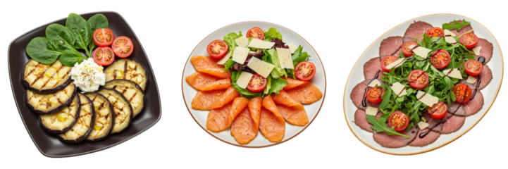 Grilled eggplant with ricotta, salmon with salad, and beef carpaccio.