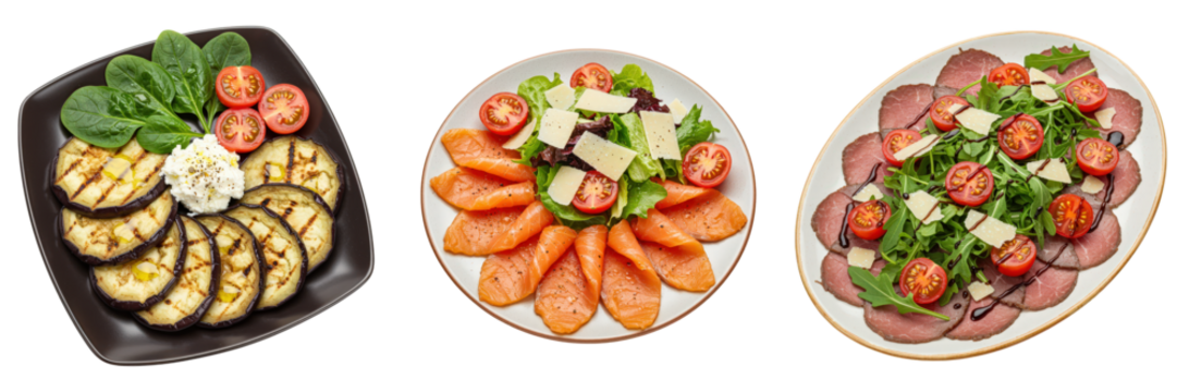 Grilled eggplant with ricotta, salmon with salad, and beef carpaccio.