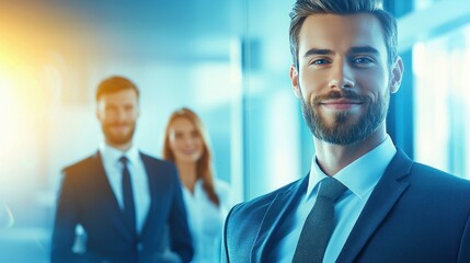 A smiling businessman in a suit, his colleagues blurred in the background, conveys success.
