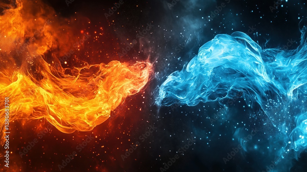 Poster abstract fiery wallpaper design with dual elements of red and blue flames blending into swirling smo