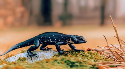 Obraz premium Lizard Climbing on Mossy Rock in a Forest Habitat During Autumn