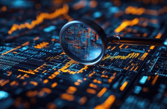 Glowing Circuit Board Data Points Under Magnifying Glass
