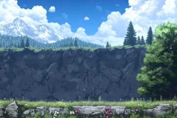 A serene landscape featuring majestic mountains in the background, lush greenery in the foreground, with a clear blue sky and fluffy clouds, ideal for nature-themed projects