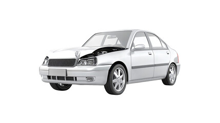 Fototapeta premium White car with broken hood, engine trouble or accident on the road automotive repair and maintenance