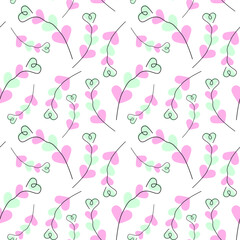Decorative pink and green hearts shape twigs Seamless pattern Abstract Springtime Background Texture