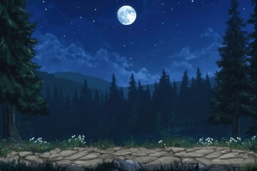 A serene nighttime forest scene illuminated by a bright full moon, surrounded by tall trees and a starry sky, creating a tranquil atmosphere perfect for relaxation or meditation