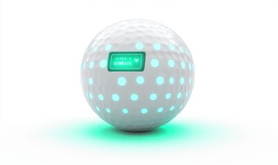 Glowing golf ball with digital display on white background, for tech or sports ads