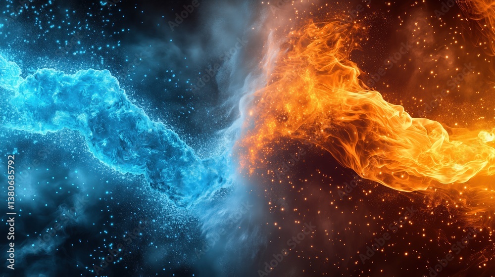 Poster Abstract fiery wallpaper design with dual elements of red and blue flames blending into swirling smoke, intense color contrast between warm and cool tones. Dynamic background concept for digital art, 